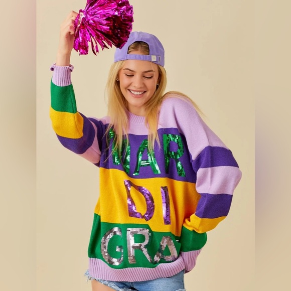 Mardi Gras sequins sweater knit crewneck embroidered pullover sweatshirt top QOS - Picture 1 of 12